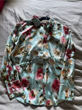 Women’s Floral Button-Up Shirt - Light Blue with Pink Flowers